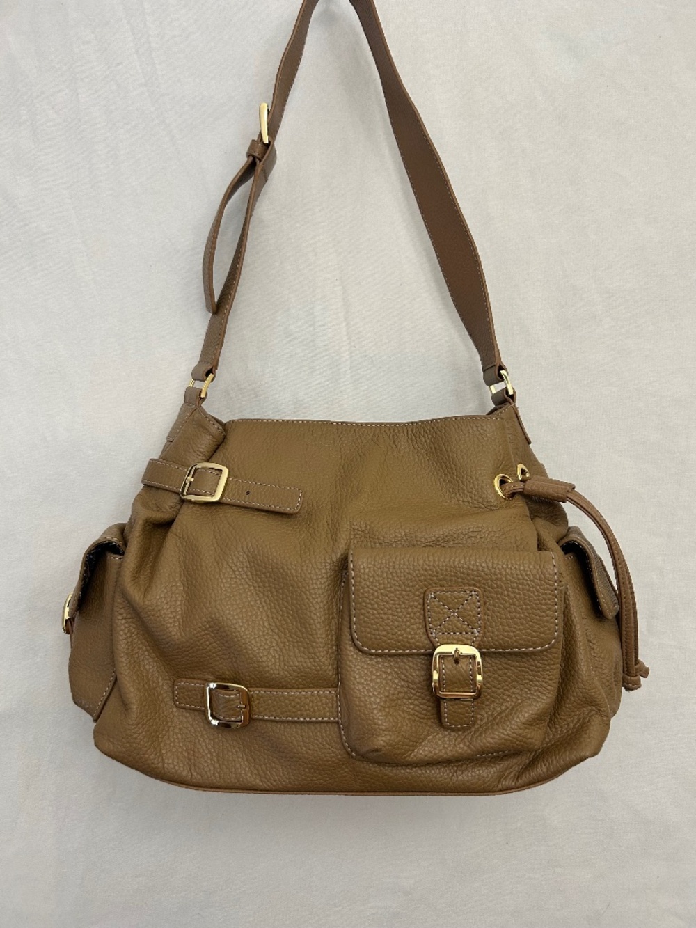 MAXX New York Tan Pebbled Leather Hobo Buckle Strap Shoulder Handbag